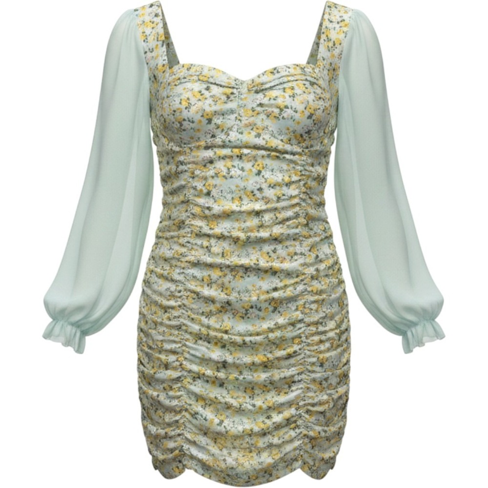 SBetro Floral Ruched Mini Dress 2XL Mint Green Sheer Lantern Sleeve T2604092